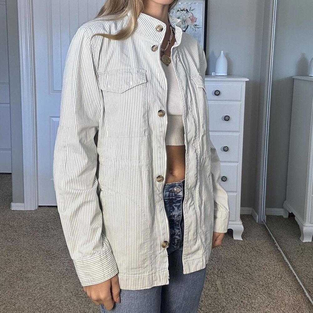 Blue and white striped button-up / zip up lightweight moto jacket #stripes